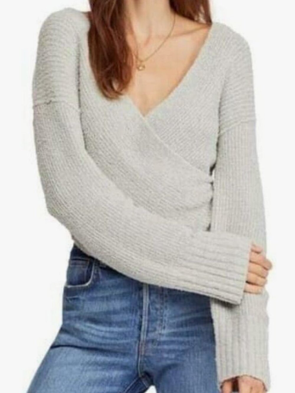 Free People Sensual Wrap Sweater XS Gray Deep V Slouchy Cotton Knit